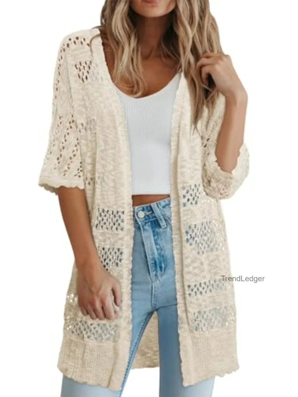 Crochet Open Front Cardigan Short Sleeve Knit Sweater Lightweight Summer Cover